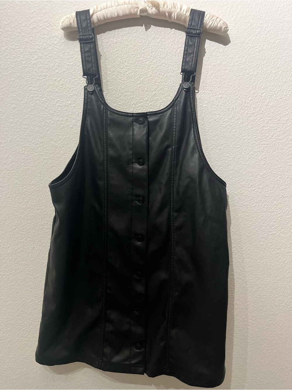 Celebrity Pink Black Faux Leather Pinafore Dress